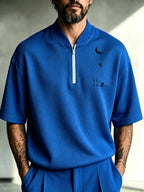 Men's Loose Fit Waffle Knit Half-Zip T-Shirt with Stand Collar & Minimalist Climbing Print - Breathable Zippered Short Sleeve Top Suitable for Outdoor Sports, Casual Wear, Climbing,, Gym - Machine Washable Spring/Autumn Layering - Royal Blue