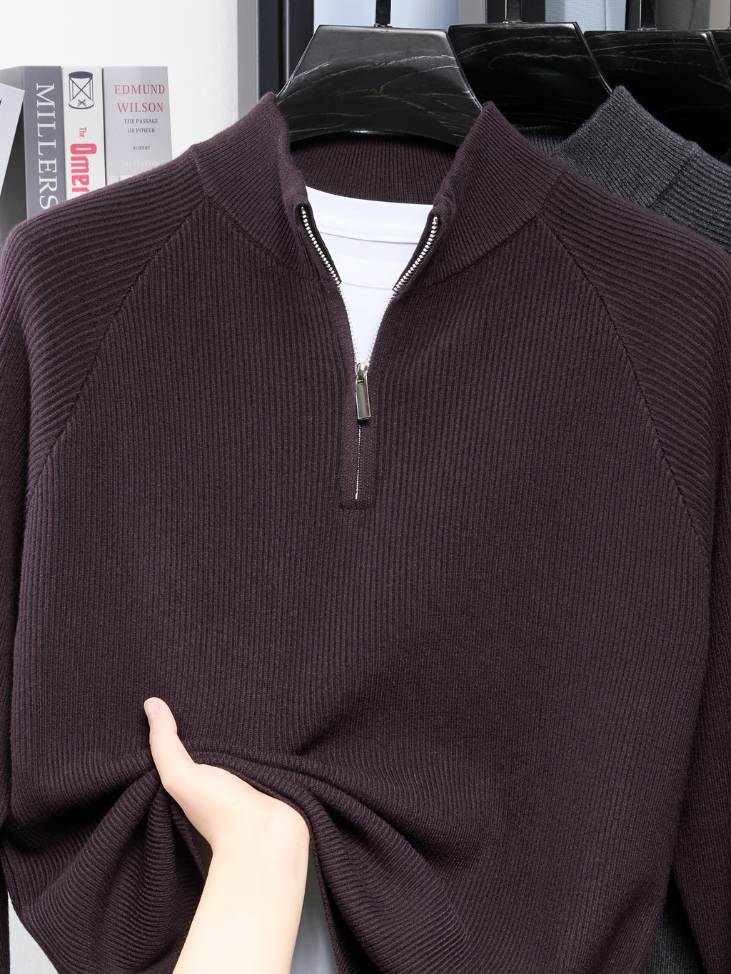 Du Jing Lan OBM Spring/Autumn New Arrival Men's Knitted Pullover, Old Money Style Solid Color Half-Open Placket Stand Collar Long Sleeve Knitted Pullover, Men's Business Casual Fashion Ribbed Sweater, Suitable for Layering or Wearing as an Inner - Deep Purple