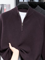 Du Jing Lan OBM Spring/Autumn New Arrival Men's Knitted Pullover, Old Money Style Solid Color Half-Open Placket Stand Collar Long Sleeve Knitted Pullover, Men's Business Casual Fashion Ribbed Sweater, Suitable for Layering or Wearing as an Inner - Deep Purple