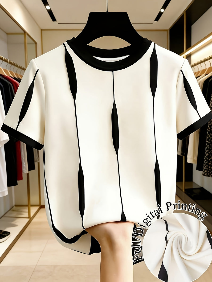[Printed Design - Not Textured] Women's Casual Color-Block Crew Neck Short Sleeve T-Shirt, Summer Style - Black And White