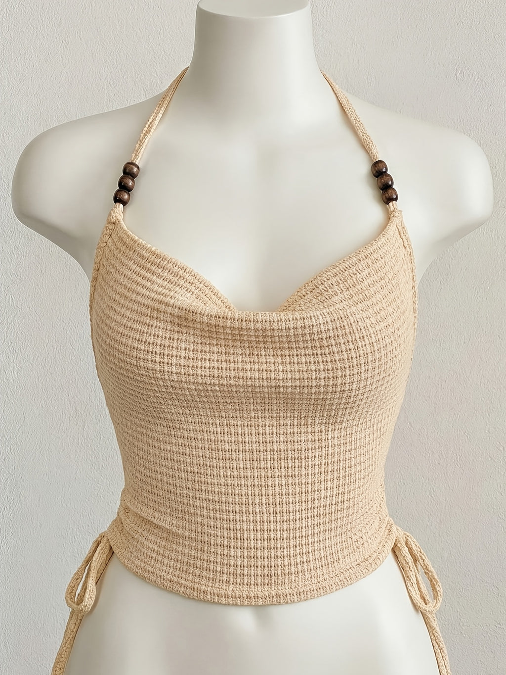 Women's Beige Camisole Top - Beaded Crochet Hollow Out Sleeveless Backless Blouse Crop Shirt, Semi-Sheer Hanging Neckline Beachwear, Machine Washable Country Style Workwear Suitable for Party, Vacation & Everyday Elegant Outfits - Apricot
