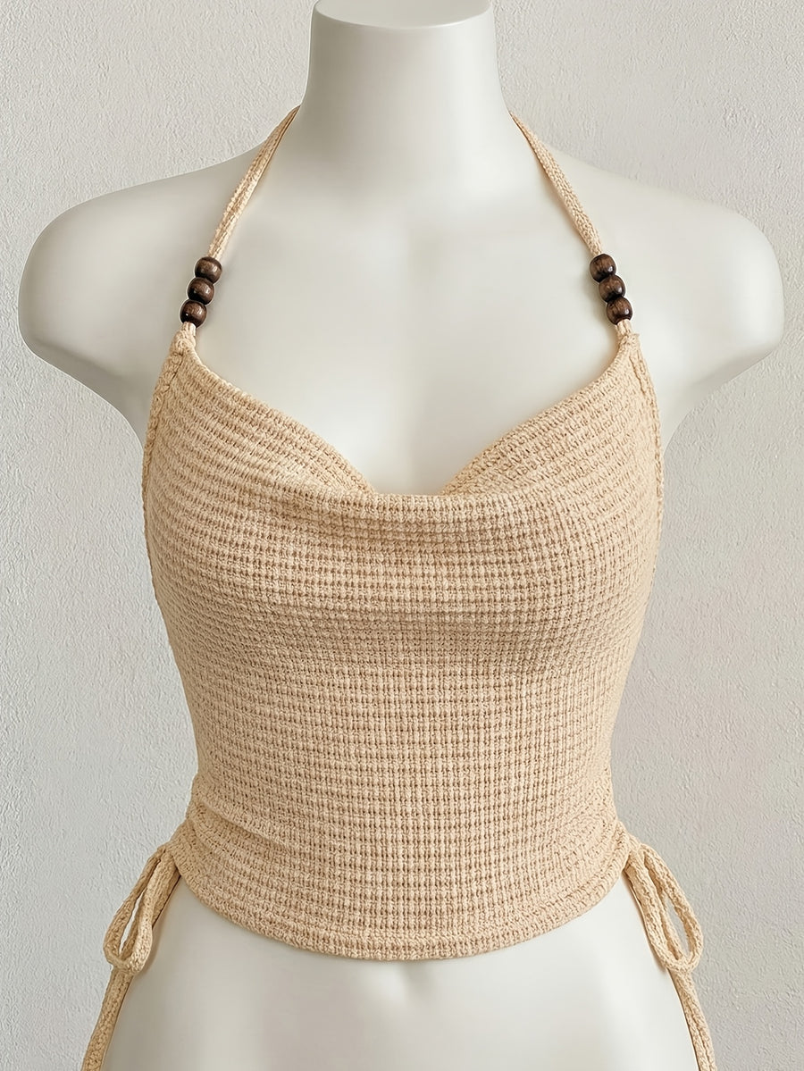 Women's Beige Camisole Top - Beaded Crochet Hollow Out Sleeveless Backless Blouse Crop Shirt, Semi-Sheer Hanging Neckline Beachwear, Machine Washable Country Style Workwear Suitable for Party, Vacation & Everyday Elegant Outfits - Apricot