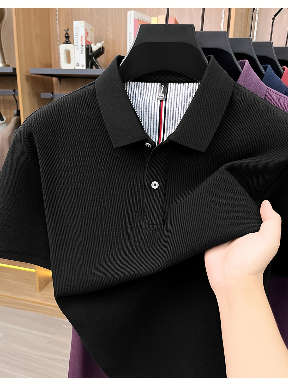 Men's Multi-Color Summer Pearl-Spun Mesh Long-Sleeve Polo Shirt with Contrast Lining and Lapel, Solid Color Simple Design, Skin-Friendly and Breathable, for Business Commuting, Daily Outings, Fishing Leisure, Mid-Life Men's Top - Black
