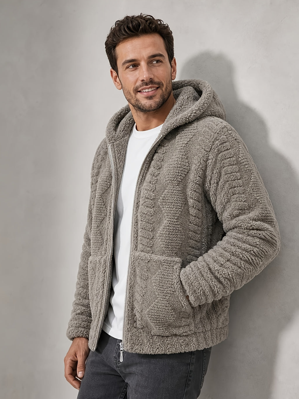 Men'S Plush Fleece Hooded Jacket, Full-Zip Long Sleeve Outerwear with Hand Pockets, Elastic Cuffs And Hem, Solid Color Textured Casual Jacket for Fall/Winter Daily Wear, Travel And Outdoor Activities - Grey