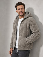 Men'S Plush Fleece Hooded Jacket, Full-Zip Long Sleeve Outerwear with Hand Pockets, Elastic Cuffs And Hem, Solid Color Textured Casual Jacket for Fall/Winter Daily Wear, Travel And Outdoor Activities - Grey