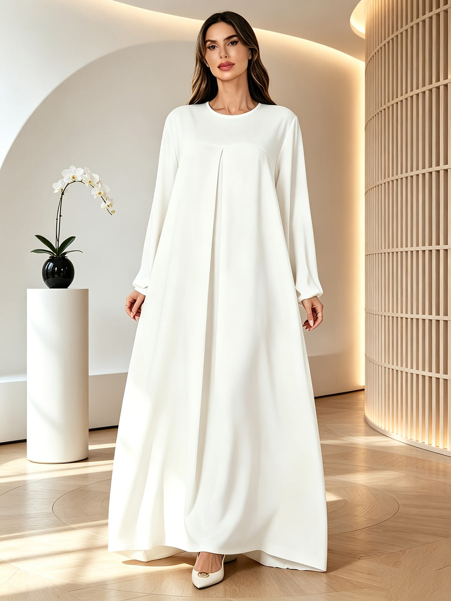 1pc Elegant Holiday Style Loose Wrinkled Versatile Solid Color Suitable for Daily Wear Comfortable Casual Loose Comfortable Women'S Abaya Dress. Abayas for Women Dubai Long Dresses for Women Abaya Damen Ladies Abaya Robe Long Sleeve Women - White