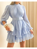 Light Blue Smock Dress with Stand Collar & Puff Sleeves - Wide Belt Cinched Waist Short Cake Dress Suitable for Weddings, Parties, Proms - Machine Washable Non-Stretch Evening Gown - Light Blue