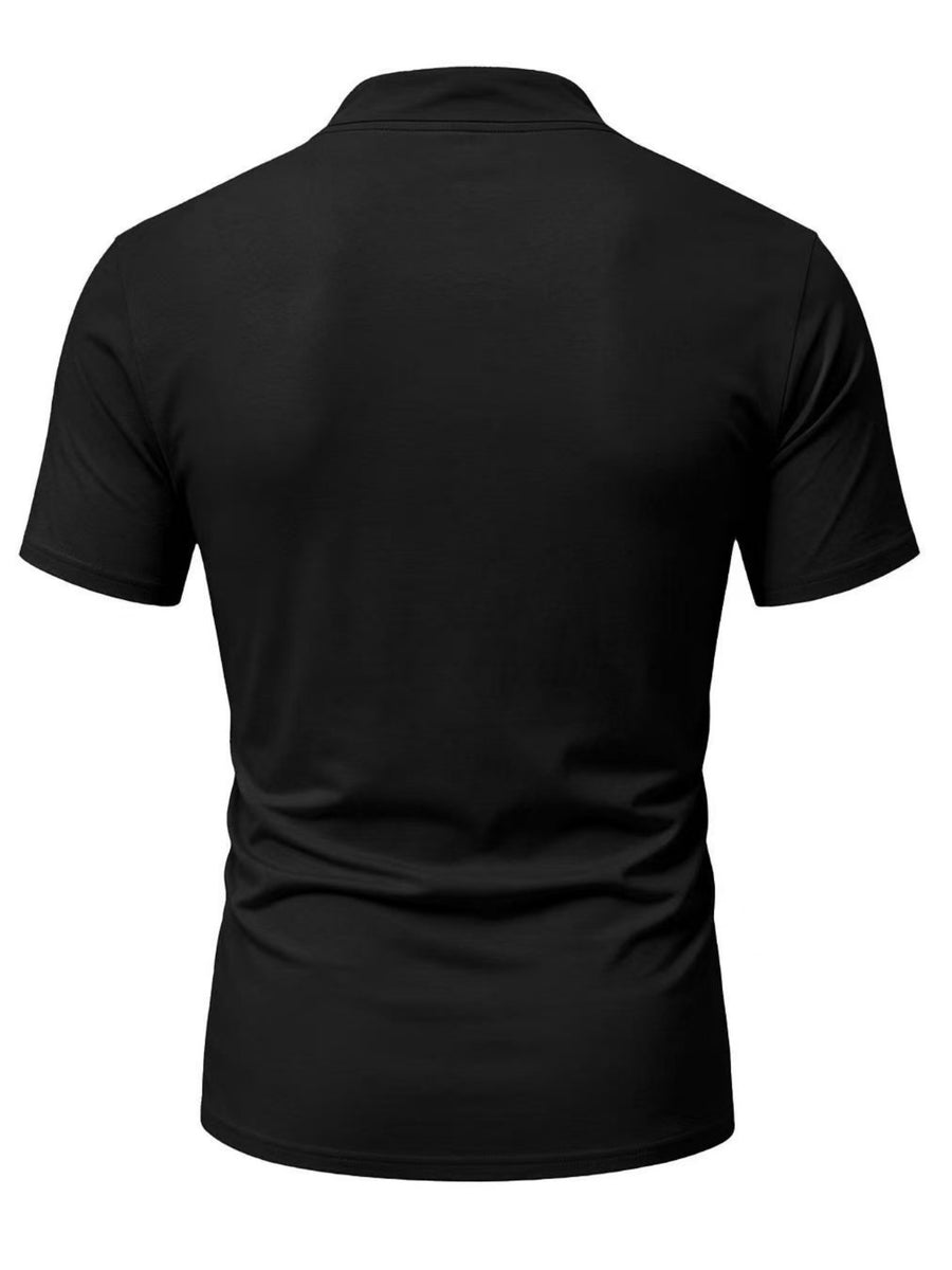 Summer Men'S Fashion Lace-Up Henley Short Sleeve Print T-Shirt, Mandarin Collar Top, Fitness Workout Training Short Sleeve - Black