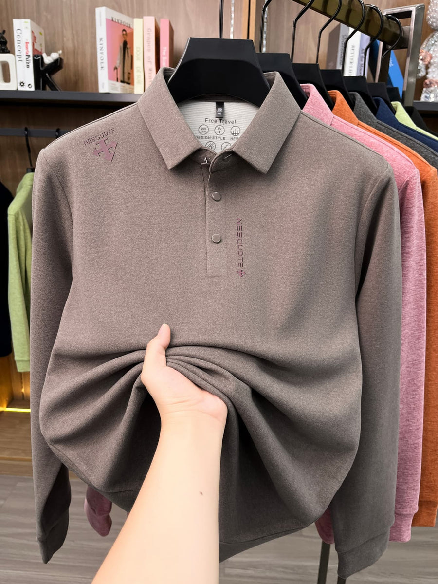 Men's Lapel Long Sleeve Polo Shirt Thickened Warm Top Autumn Winter Business Casual Layering Apparel for Middle Aged Dad Versatile Daily Outfit Suitable for Golf Fishing Tennis Sports Office And Daily Wear for Men - Coffee Color