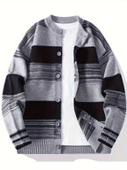 Men's New Autumn and Winter Single Breasted Round Neck Cardigan, Color Blocked Striped Cardigan, Fashionable and Versatile, Casual and Business Slim Fit, Long Sleeved, Skin Friendly, Comfortable and Warm, Youthful and Sporty Elastic Knitted Sweater - Grey