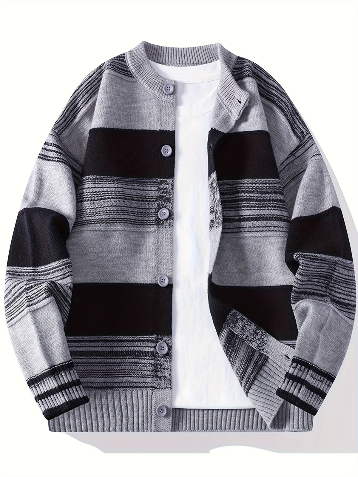Men's New Autumn and Winter Single Breasted Round Neck Cardigan, Color Blocked Striped Cardigan, Fashionable and Versatile, Casual and Business Slim Fit, Long Sleeved, Skin Friendly, Comfortable and Warm, Youthful and Sporty Elastic Knitted Sweater - Grey