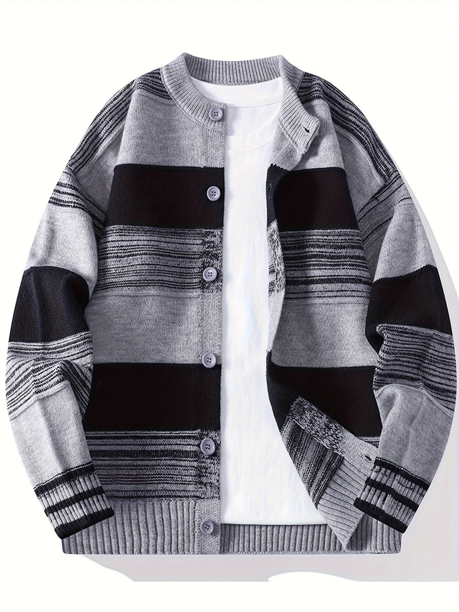 Men's New Autumn and Winter Single Breasted Round Neck Cardigan, Color Blocked Striped Cardigan, Fashionable and Versatile, Casual and Business Slim Fit, Long Sleeved, Skin Friendly, Comfortable and Warm, Youthful and Sporty Elastic Knitted Sweater - Grey