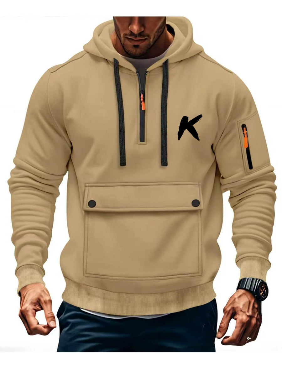 Men'S Athletic Casual Hooded Sweatshirt, Cargo Multi-Pocket Half-Zip Design Brushed K Letter Print Long Sleeve Hoodie - Khaki