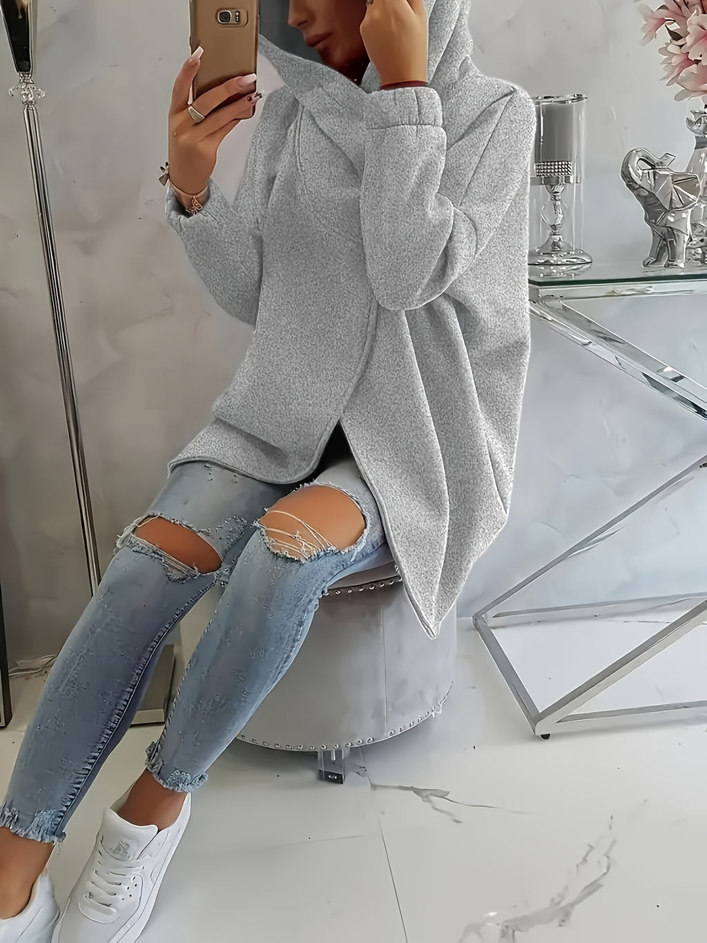 Plus Size, New European and American Women's Plus Size Hooded Sweatshirt with Full Front Zipper, Fashionable Asymmetric Hem Slit, Wide and Comfortable, Breathable, Thick and -Lined, Loose Fit, Long Sleeve, Warm for Autumn and Winter - Grey