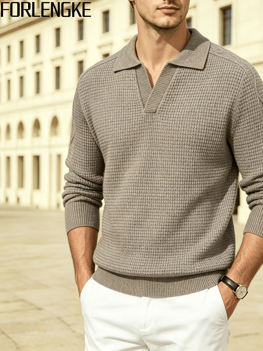 FORLENGKE Men'S Casual Polo Knit Top with Fold-Over Collar, V-Neck Opening, Waffle Knit Fabric, Diamond Cable Pattern on Shoulders, Warm And Stylish for Fall/Winter, Perfect for Daily Casual Wear, Shopping, And Outings - Khaki