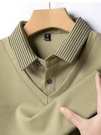 Men's New All-Season Knitwear Classic Lapel Long Sleeve 2-in-1 Look Polo Shirt, Featuring a Stylish and Minimalist Geometric Print Stripe Design, with a Color-blocked Collar and Layered Shirt Style. Made from Lightweight, Breathable - PS Khaki