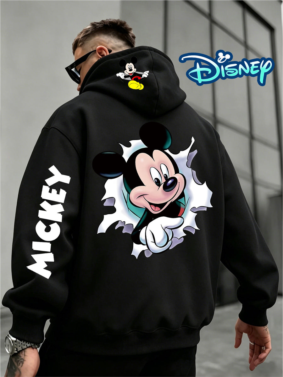 Disney, Fashionable and Trendy Multi-color Hoodie with a Ripped Paper Peek-a-boo Wink Mickey Mouse Pattern Print, Autumn and Winter Men's Loose Long-sleeved Hoodie, First Choice for Couples - Black