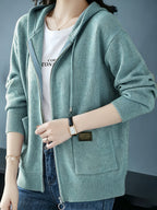 Women's Cardigan, Spring/Autumn Lazy Style Sweater Jacket, Loose Fit Outerwear Hooded Top - Gray Blue