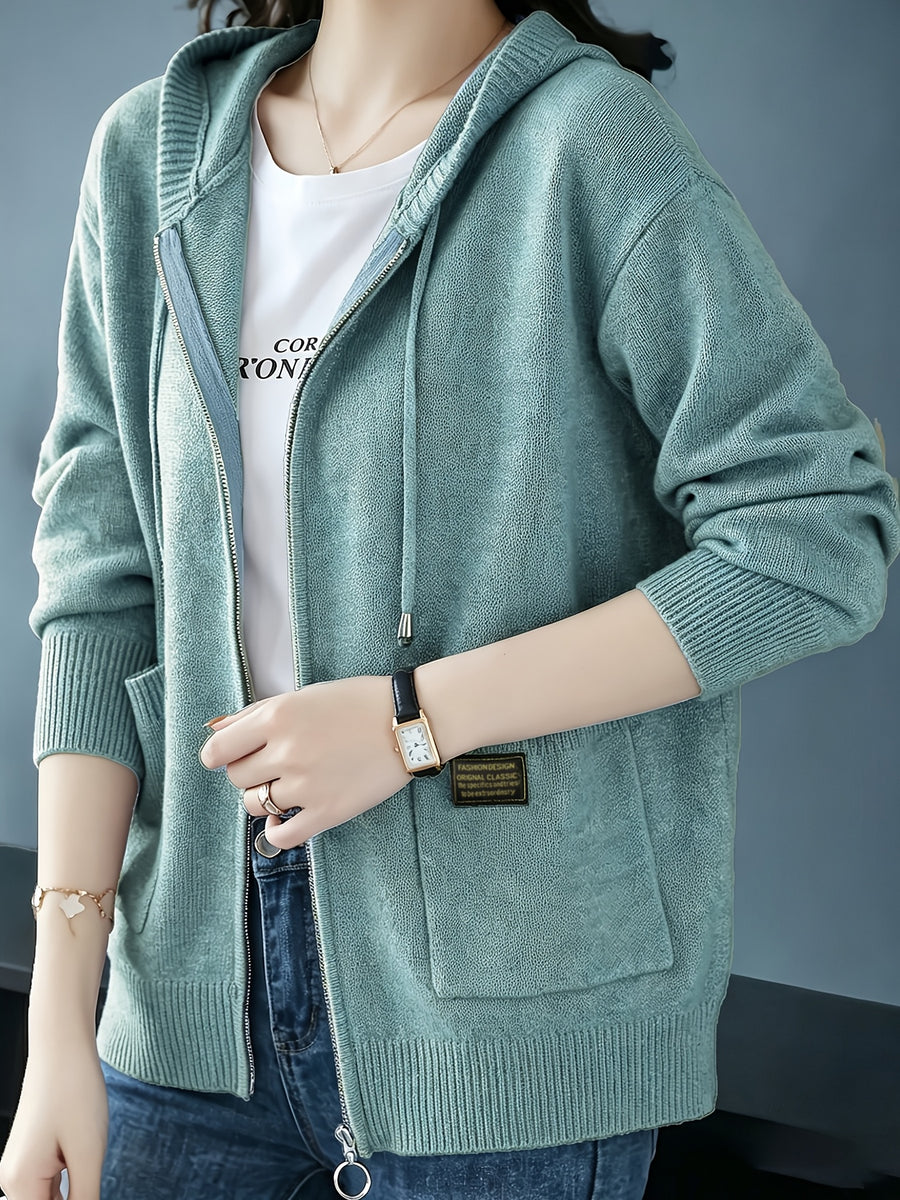 Women's Cardigan, Spring/Autumn Lazy Style Sweater Jacket, Loose Fit Outerwear Hooded Top - Gray Blue