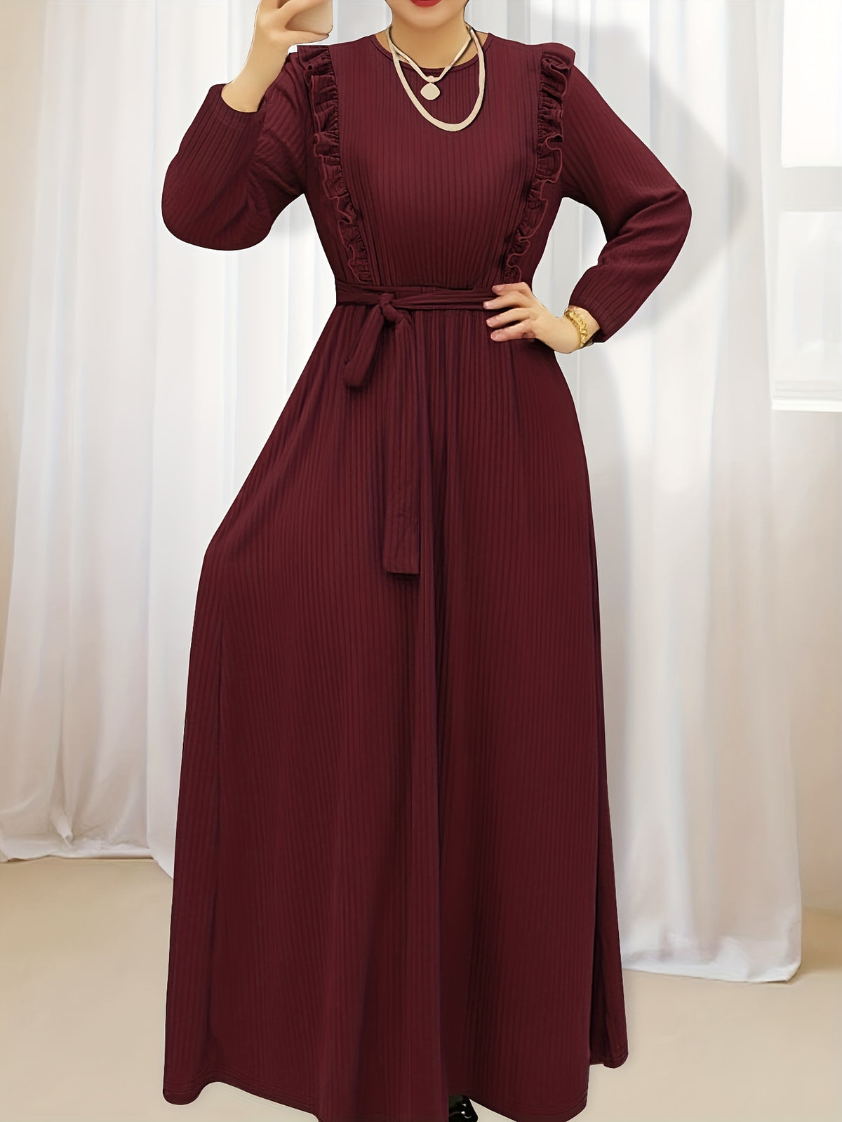 Ladies' Fashion Elegant Solid Color Long Sleeve Round Neck Long Arab Middle Eastern Maxi Dress - Burgundy