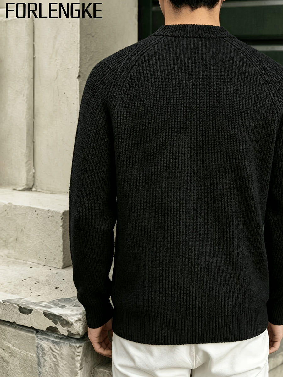 FORLENGKE Men's Business Casual Crew Neck Ribbed Knit Sweater, Soft Warm Long Sleeve Pullover for Fall Winter Office Daily Wear - Black