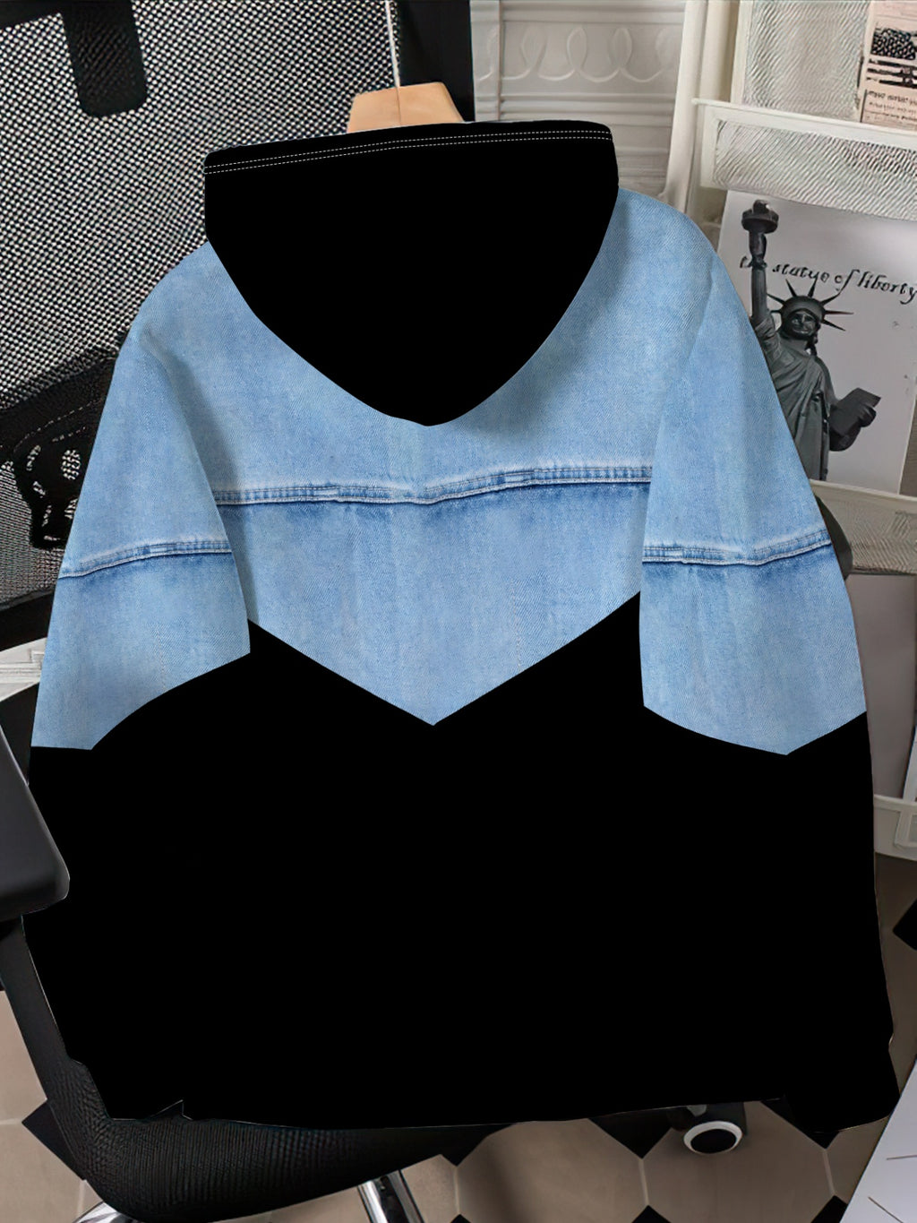 Men's Fashion Patchwork Printed Hoodie Casual Trendy Personality V-Neck Denim Pattern TopV[Printed Design Not Textured][NOT JEAN] - Mixed colors