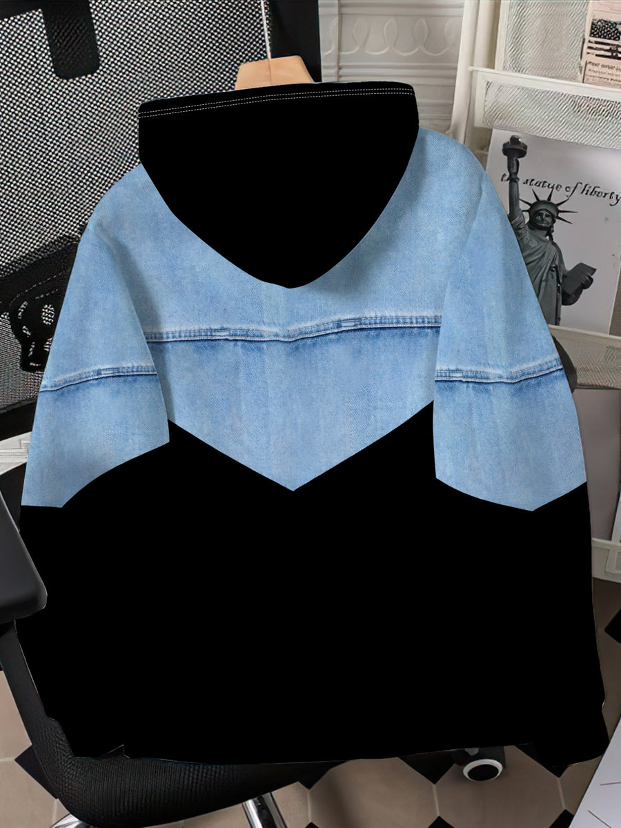 Men's Fashion Patchwork Printed Hoodie Casual Trendy Personality V-Neck Denim Pattern TopV[Printed Design Not Textured][NOT JEAN] - Mixed colors