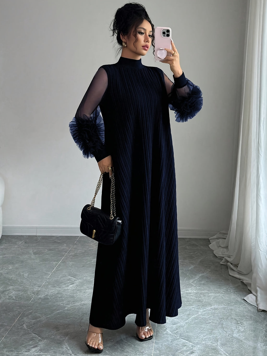 Women'S Stand-Up Collar Lantern Long-Sleeved Textured Fabric Splicing Mesh Hand-Cranked Three-Dimensional Embroidery Loose Comfortable And Elegant Senior Long Dresses - Navy Color