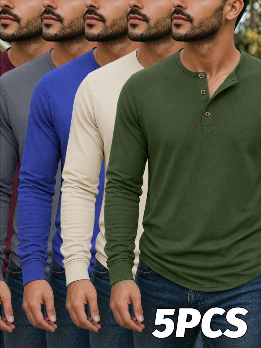 Men'S Classic Retro Henley Long Sleeve T-Shirt 5pcs, American Casual Solid Color Half-Button Up Top, Spring Fall Winter Men'S Comfortable Versatile Base Layer 5pcs, Suitable for Commuting, Business, Casual, Outdoor Activities, Travel - Green+Khaki+Blue+Dark Gray+Jujube Red