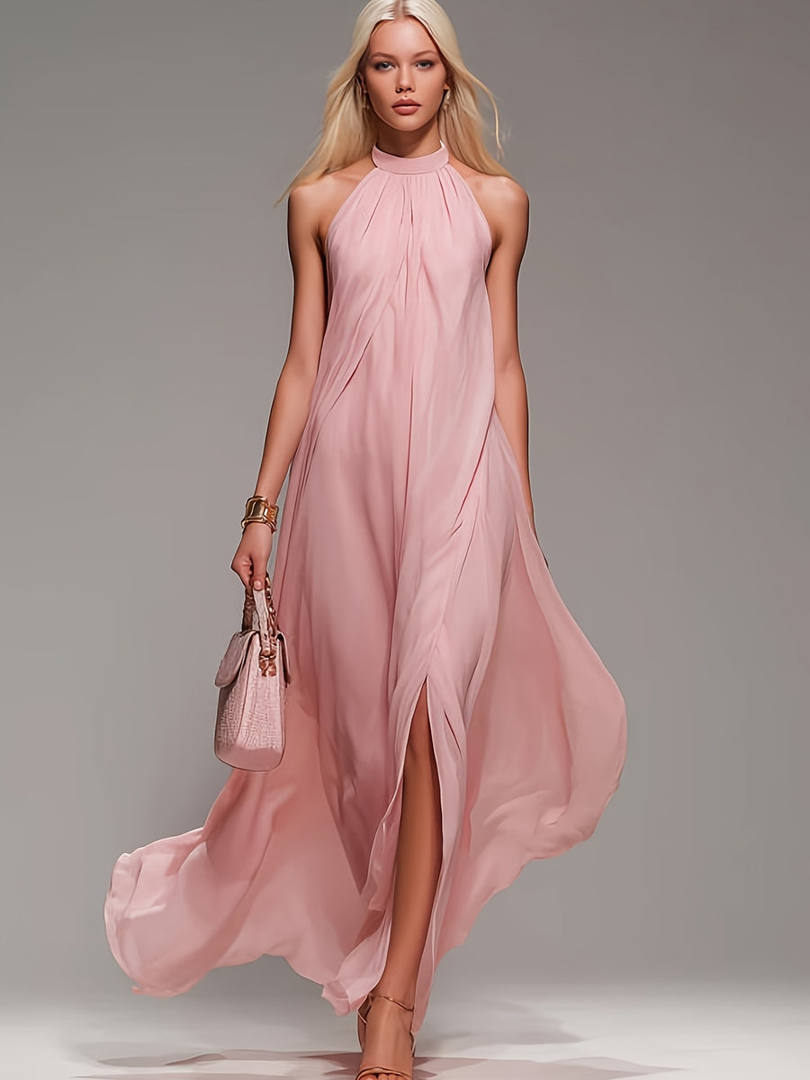 New Spring/Summer 2026 Small Round Neck Fashionable Split Versatile Women's Dress - Pink