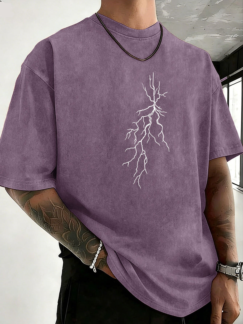 Men 100% Washed Distressed Crew Neck Short-Sleeve T-Shirt, Sketch Lightning Graphic Position Double-Sided Print, Trendy Loose Casual Tee Tops, 12 Colors Available - Purple