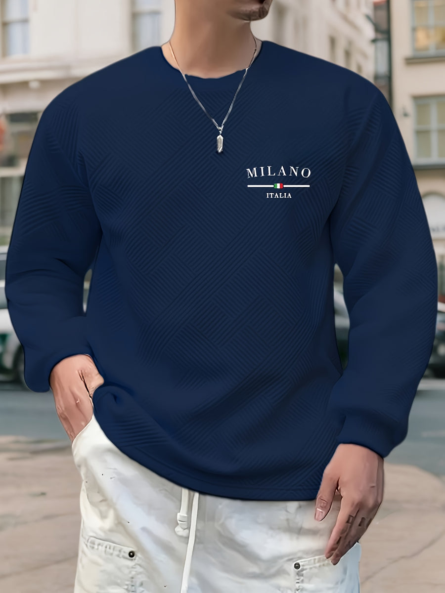 Men'S Spring Autumn Casual Long Sleeve Sweatshirt Daily All-Match Heavy Jacquard Round Neck Sweatshirt, Regular Fit, Outdoor, Crew Neck, Geometric Print - Navy Color