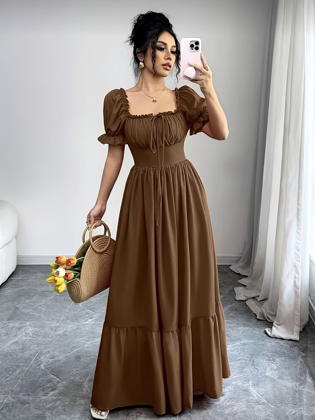 Elegant Daily Casual Fashion Women's Square Neck Puff Sleeve Front Tie-Up Hollow Waist Flared Skirt Summer Dress - 【Brown】