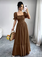 Elegant Daily Casual Fashion Women's Square Neck Puff Sleeve Front Tie-Up Hollow Waist Flared Skirt Summer Dress - 【Brown】