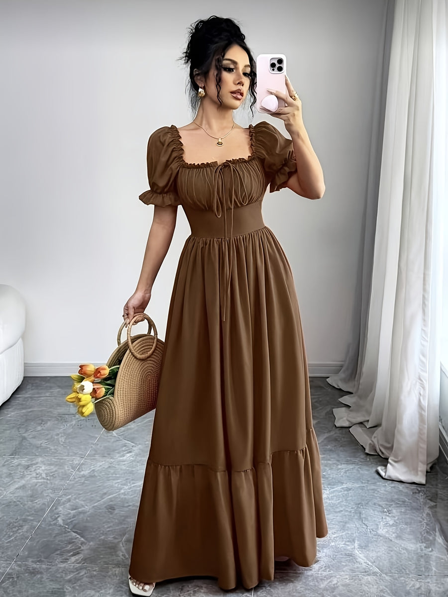 Elegant Daily Casual Fashion Women's Square Neck Puff Sleeve Front Tie-Up Hollow Waist Flared Skirt Summer Dress - 【Brown】
