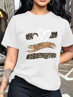 Leopard Print Heart Glitter-themed Pattern Print, Fashionable Breathable T-shirt, for Family Travel,, Casual S, Daily Commutes, Matching Outfits for Sisters, Versatile T-shirt 30057 - White