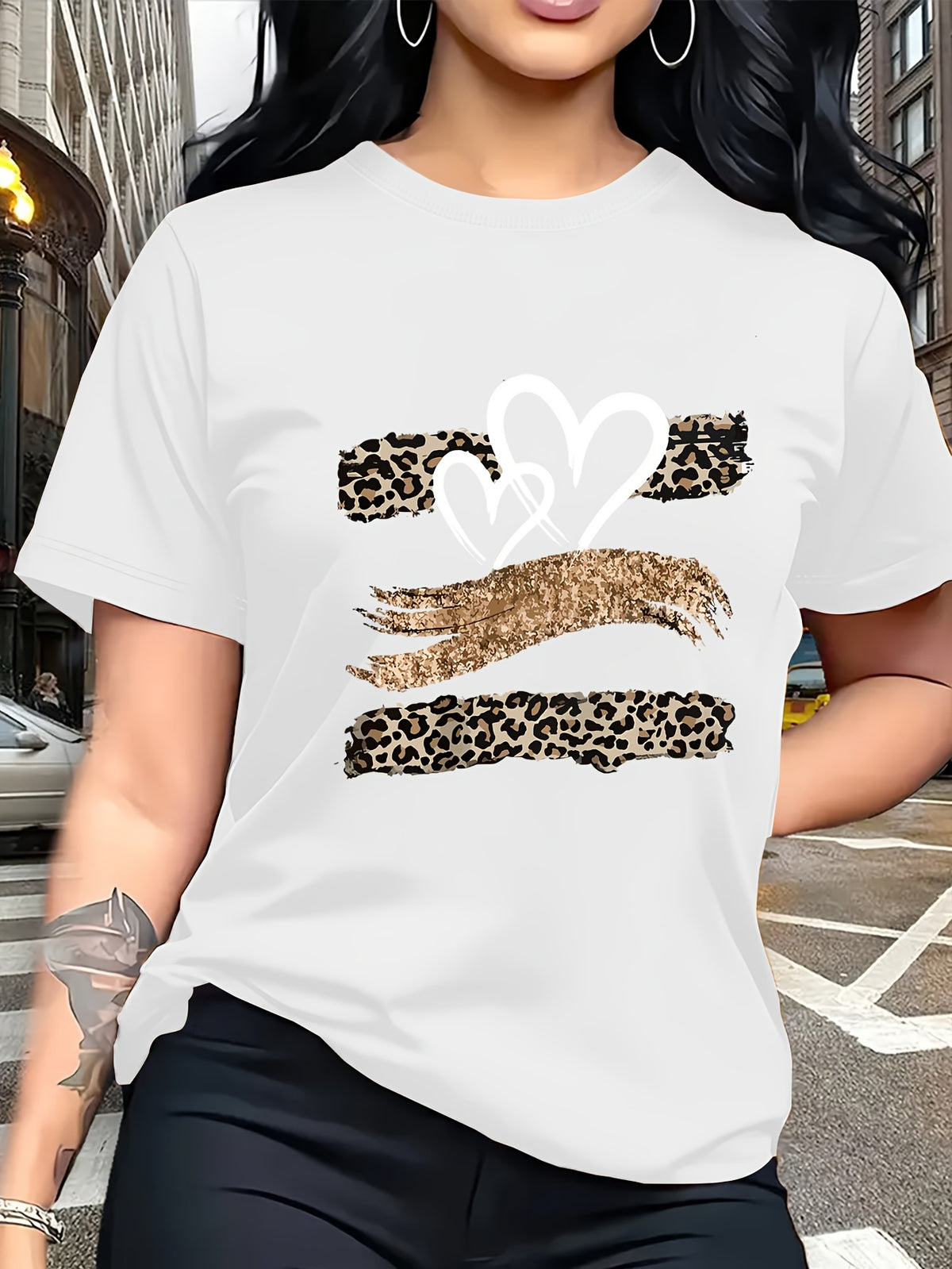 Leopard Print Heart Glitter-themed Pattern Print, Fashionable Breathable T-shirt, for Family Travel,, Casual S, Daily Commutes, Matching Outfits for Sisters, Versatile T-shirt 30057 - White