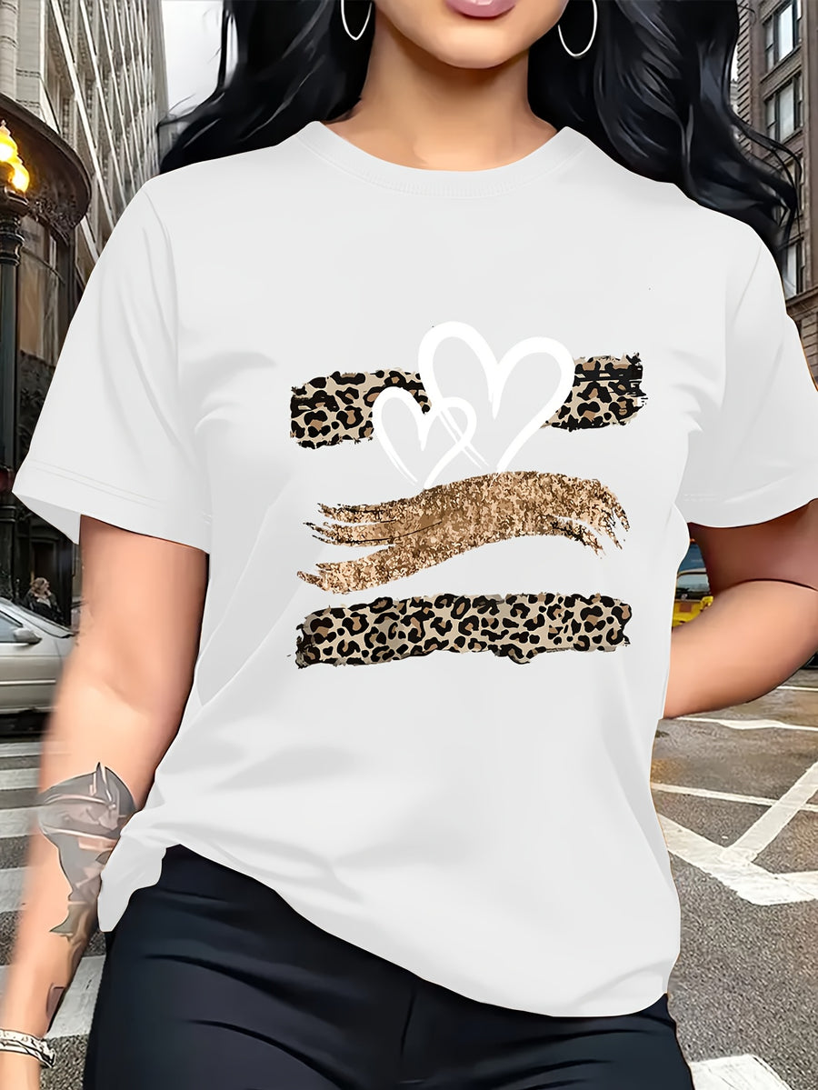 Leopard Print Heart Glitter-themed Pattern Print, Fashionable Breathable T-shirt, for Family Travel,, Casual S, Daily Commutes, Matching Outfits for Sisters, Versatile T-shirt 30057 - White