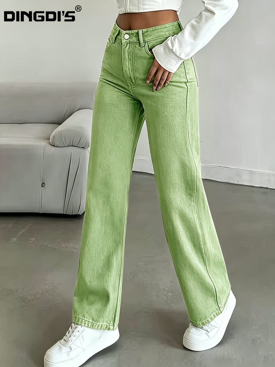 Ladie's 2026 New Stretch Straight-leg Apple Green Jeans, High-waisted Tummy-control Loose Denim Trousers, Elegant Women's Clothing, Washed Solid-color Business Casual Pants with Pockets, Baggy Comfortable Pantalones for Travel, Work and Office Wear - Apple Green