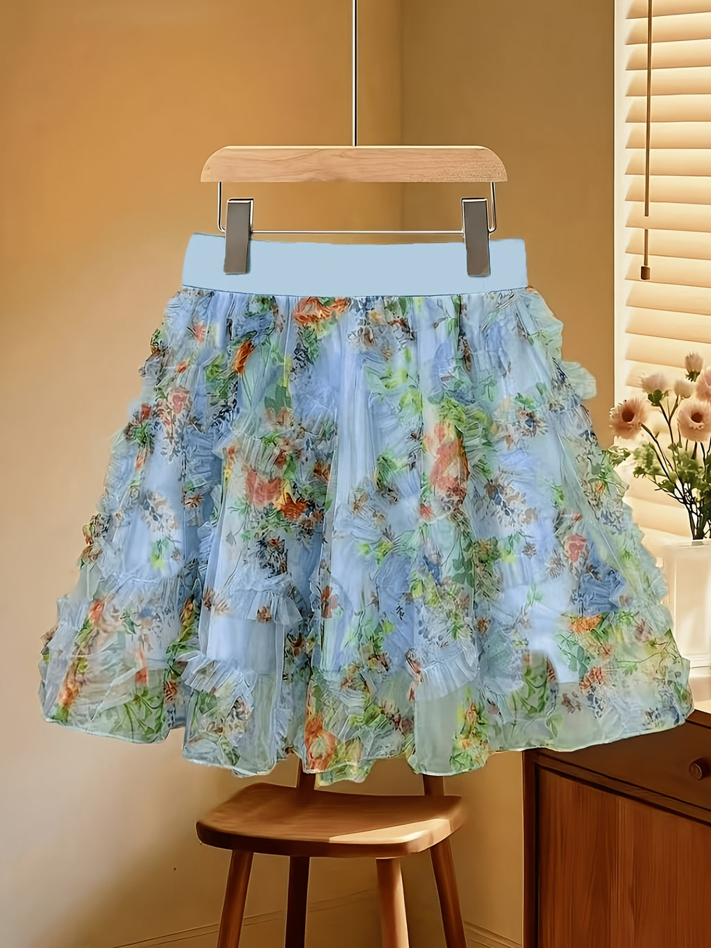 Women's Fashion Textured Printed Skirt, Romantic A-Line Double-Layer Midi Skirt, Elegant French-Style Elastic Waist Pencil Skirt, Suitable for Vacations, Dates, Commuting, and Other Occasions, Versatile Summer Skirt, Floral Skirt, Cute Skirt - Sky Blue