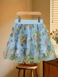 Women's Fashion Textured Printed Skirt, Romantic A-Line Double-Layer Midi Skirt, Elegant French-Style Elastic Waist Pencil Skirt, Suitable for Vacations, Dates, Commuting, and Other Occasions, Versatile Summer Skirt, Floral Skirt, Cute Skirt - Sky Blue