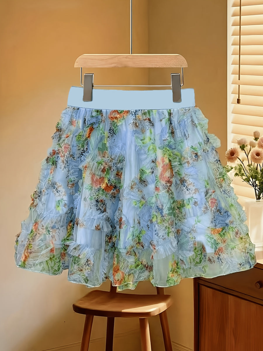 Women's Fashion Textured Printed Skirt, Romantic A-Line Double-Layer Midi Skirt, Elegant French-Style Elastic Waist Pencil Skirt, Suitable for Vacations, Dates, Commuting, and Other Occasions, Versatile Summer Skirt, Floral Skirt, Cute Skirt - Sky Blue