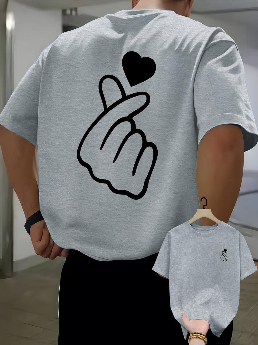 Men's Casual T-shirt with Heart-shaped Hand Gesture Print on Front and Back, Summer Round-neck Short-sleeve T-shirt, Fashionable and Versatile Trendy Short-sleeve Top for Men - Light Grey