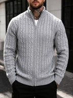 JANE DRESSINGLOG Men'S Knitting Cardigan American Retro Three-Dimensional Twisted Fried Dough Twists Pattern Fashion Trend Solid Half High Collar Full Zipper Long Sleeve Sweater Coat Autumn And Winter Commuting Outdoor Daily Wear - Space Gray