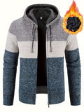 Warm Zip Up Hooded Fleece Jacket Sweater, Men's Casual Slightly Stretch Color Block Cardigan For Fall Winter - Light Blue