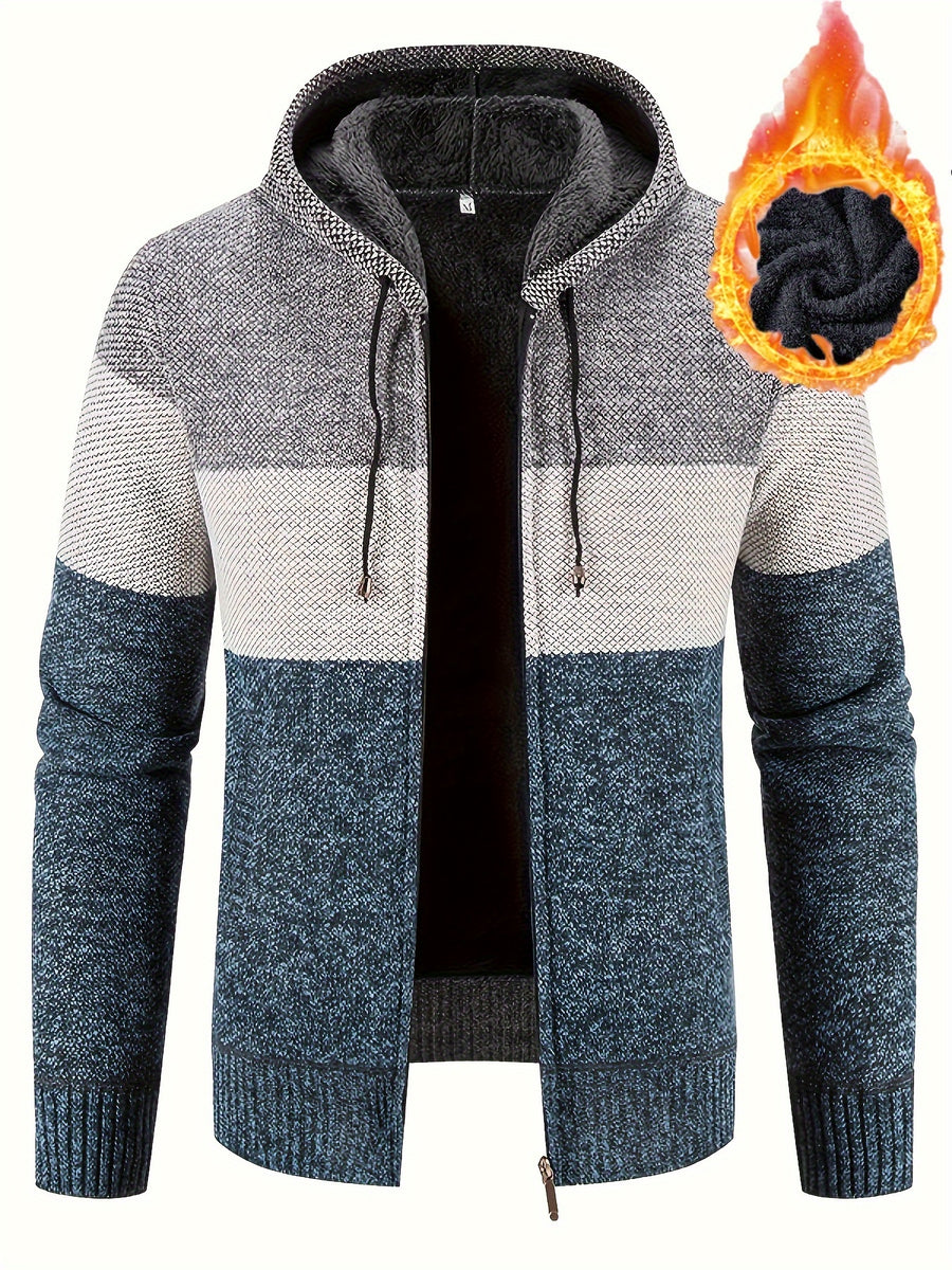 Warm Zip Up Hooded Fleece Jacket Sweater, Men's Casual Slightly Stretch Color Block Cardigan For Fall Winter - Light Blue