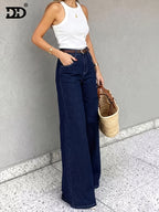 DD Women'S 2026 New Stretch Slim-Fit Jeans, Retro Washed Blue Denim Trousers with Pockets, A-Line Silhouette Jeans, Street Style Women'S Clothing, Mid-Rise Slight Flare Relaxed Boyfriend Pants, Comfortable Trousers for Work And Travel - Deep Blue