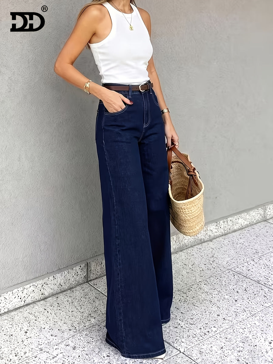 DD Women'S 2026 New Stretch Slim-Fit Jeans, Retro Washed Blue Denim Trousers with Pockets, A-Line Silhouette Jeans, Street Style Women'S Clothing, Mid-Rise Slight Flare Relaxed Boyfriend Pants, Comfortable Trousers for Work And Travel - Deep Blue