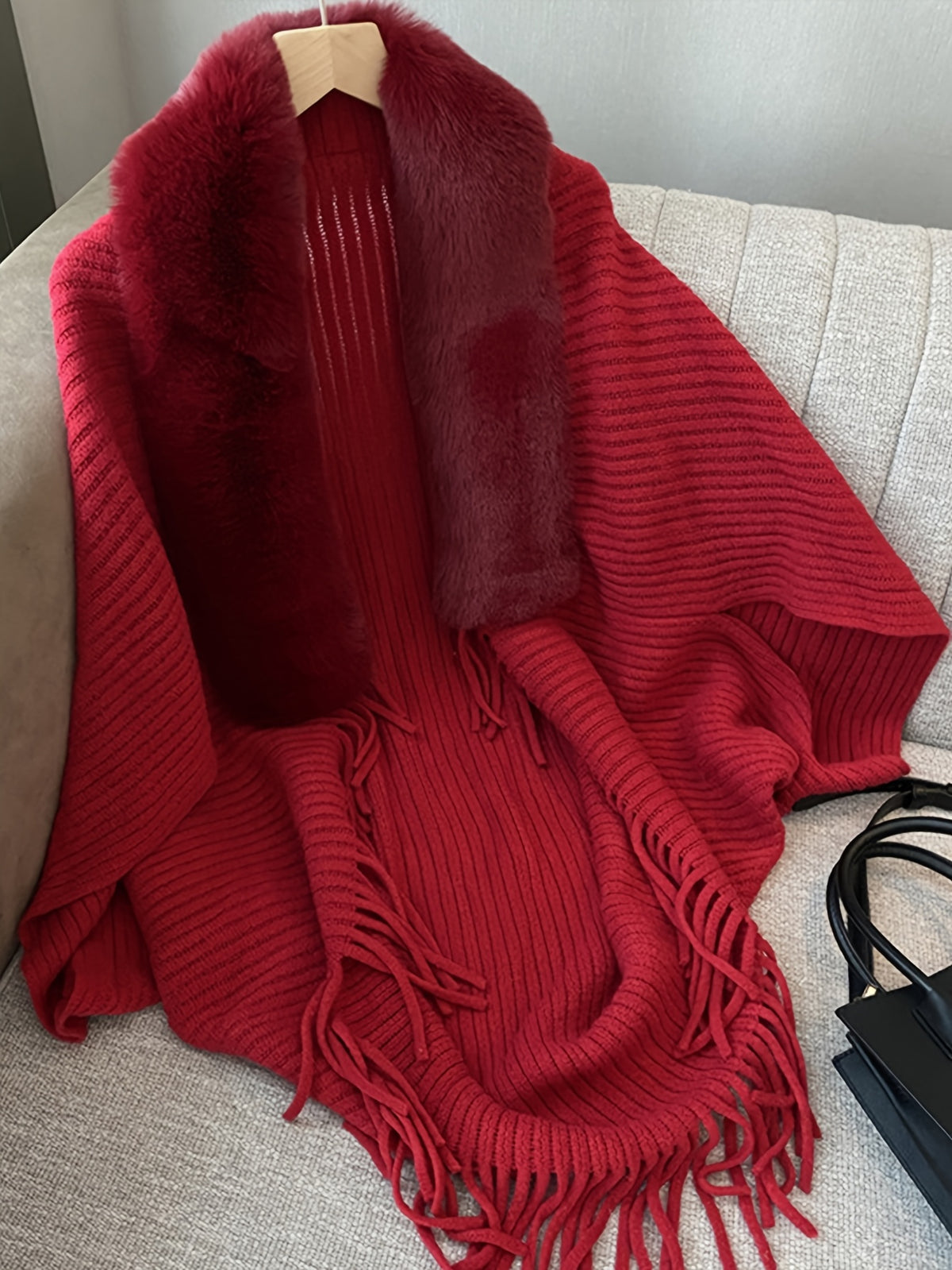 Women's Loose-fitting, Batwing-sleeve, Cape-style Cardigan; a Reversible Wrap with a Shawl Collar-a Stylish Piece for Casual Attire and a Great Gift for Autumn and Winter. - Deep Red