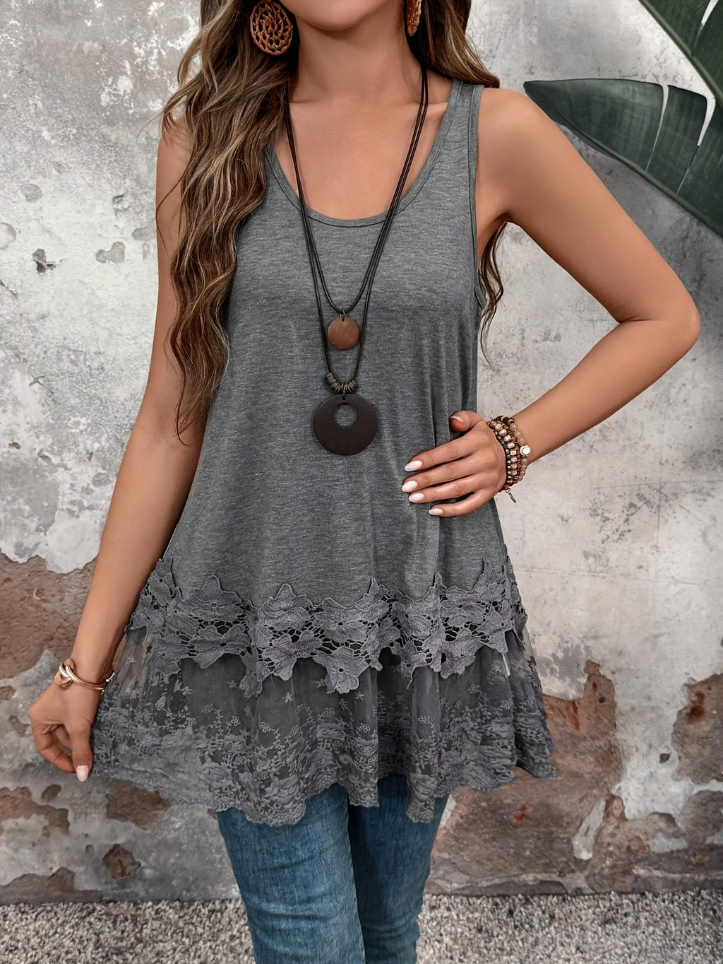 Women's Fashion Long Vest with Contrast Lace for Summer - Grey